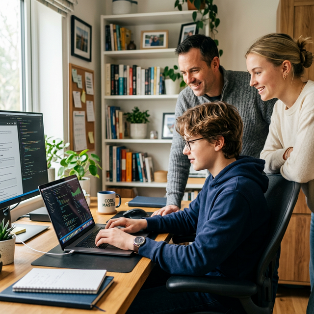 14-Jährige am Computer, Elternteil und Geschwister schauen über die Schulter